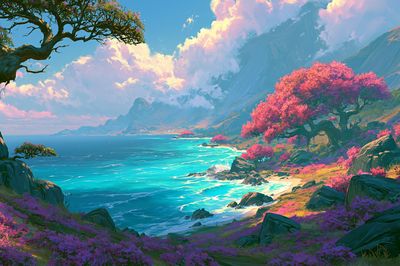 Dreamy Coastal Blossom Landscape Print.