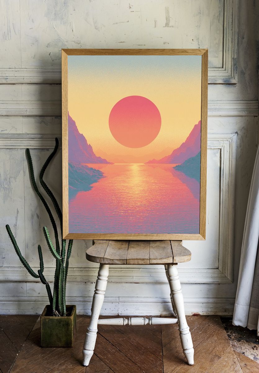 Pastel Sunset Fjord Landscape Print. room preview