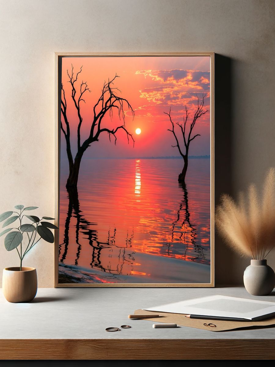 Sunset Lake Silhouettes Nature Print. — room view 2