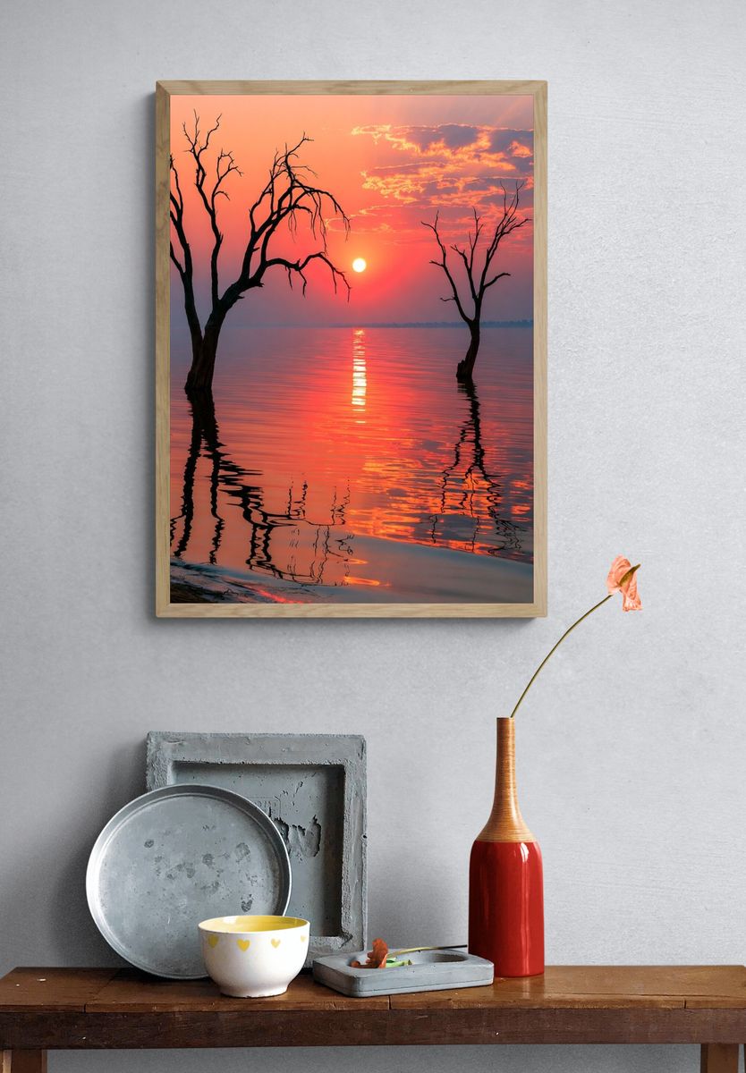 Sunset Lake Silhouettes Nature Print. — room view 3