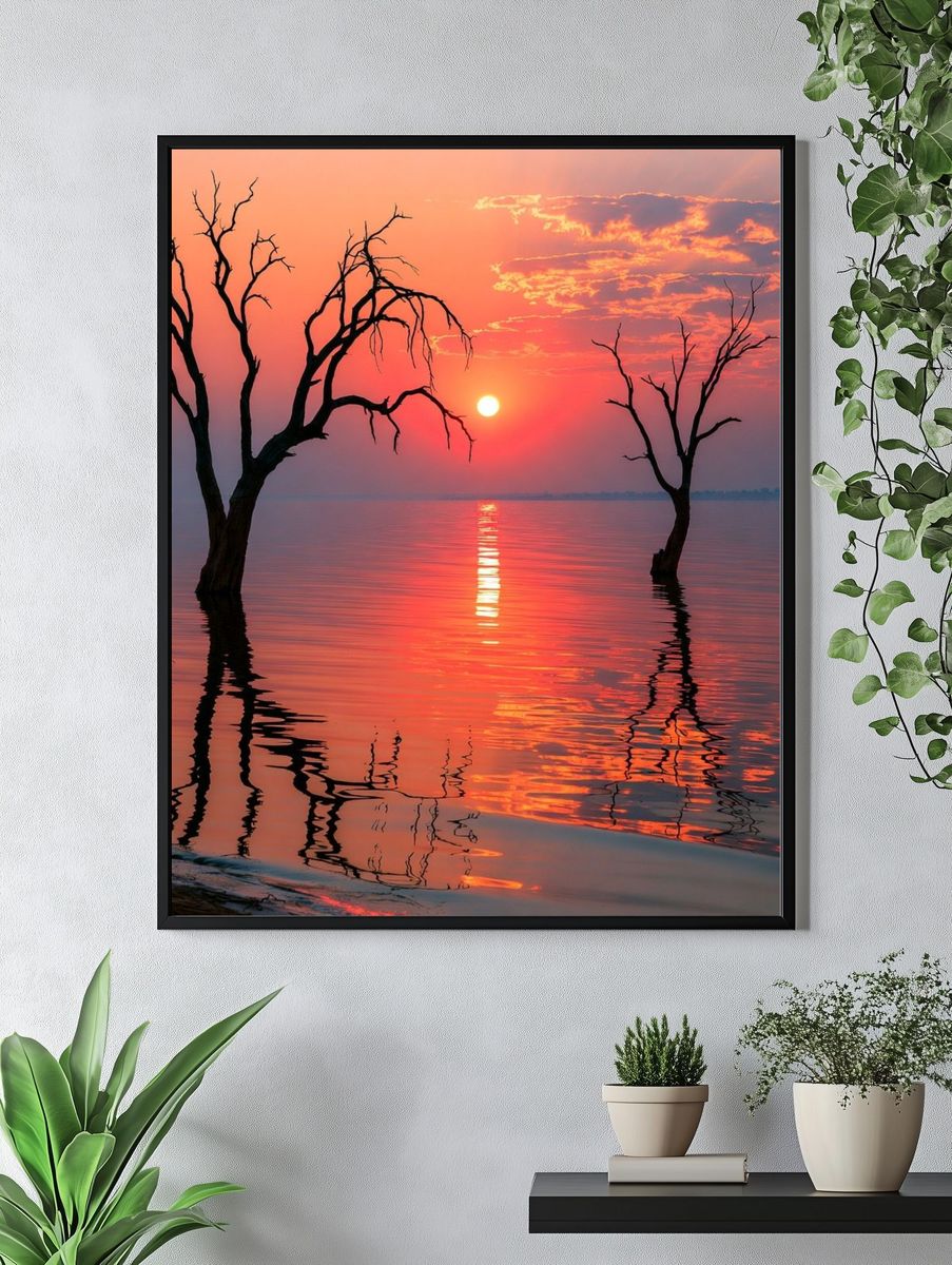 Sunset Lake Silhouettes Nature Print. — room view 4