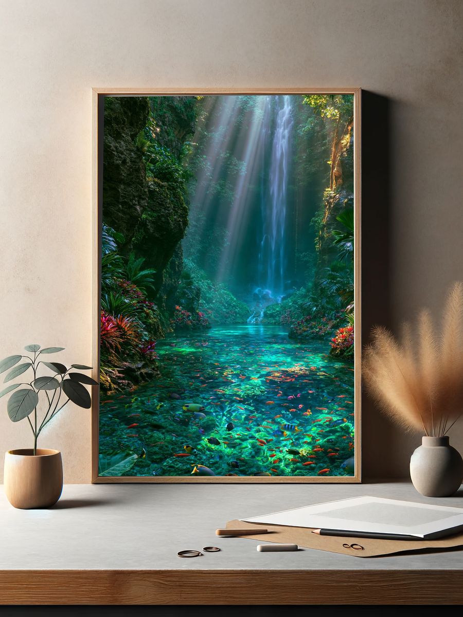 Tropical Waterfall Lagoon Poster. — room view 2