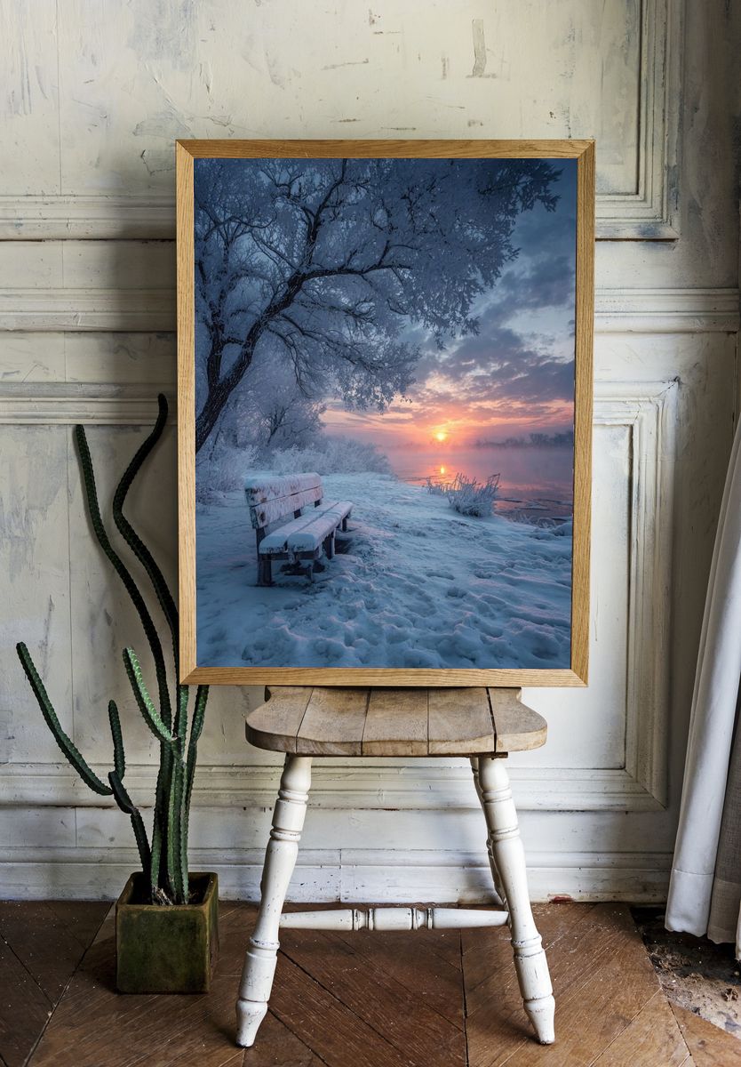 Winter Sunrise Lake Bench Poster. room preview