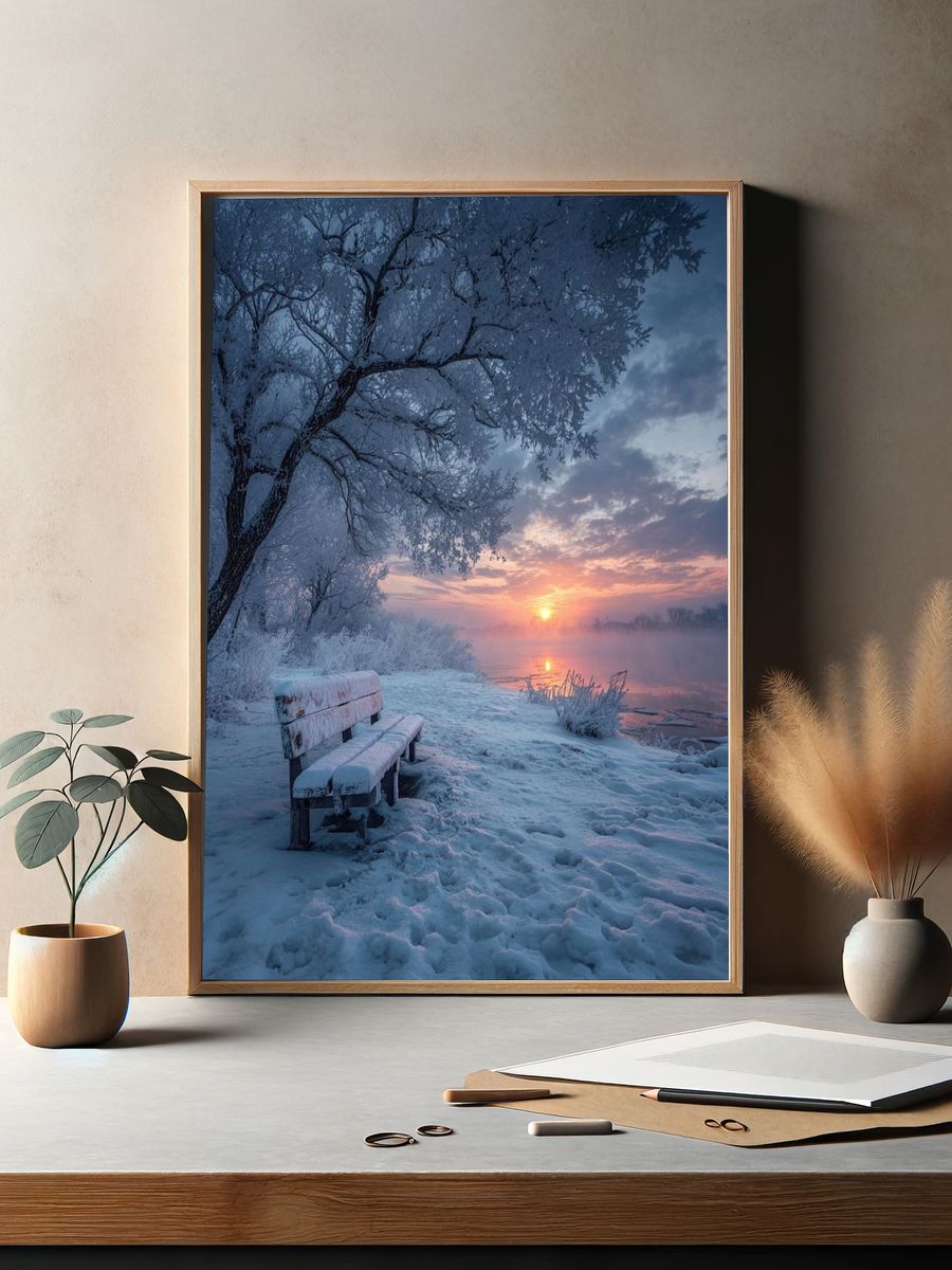 Winter Sunrise Lake Bench Poster. — room view 2