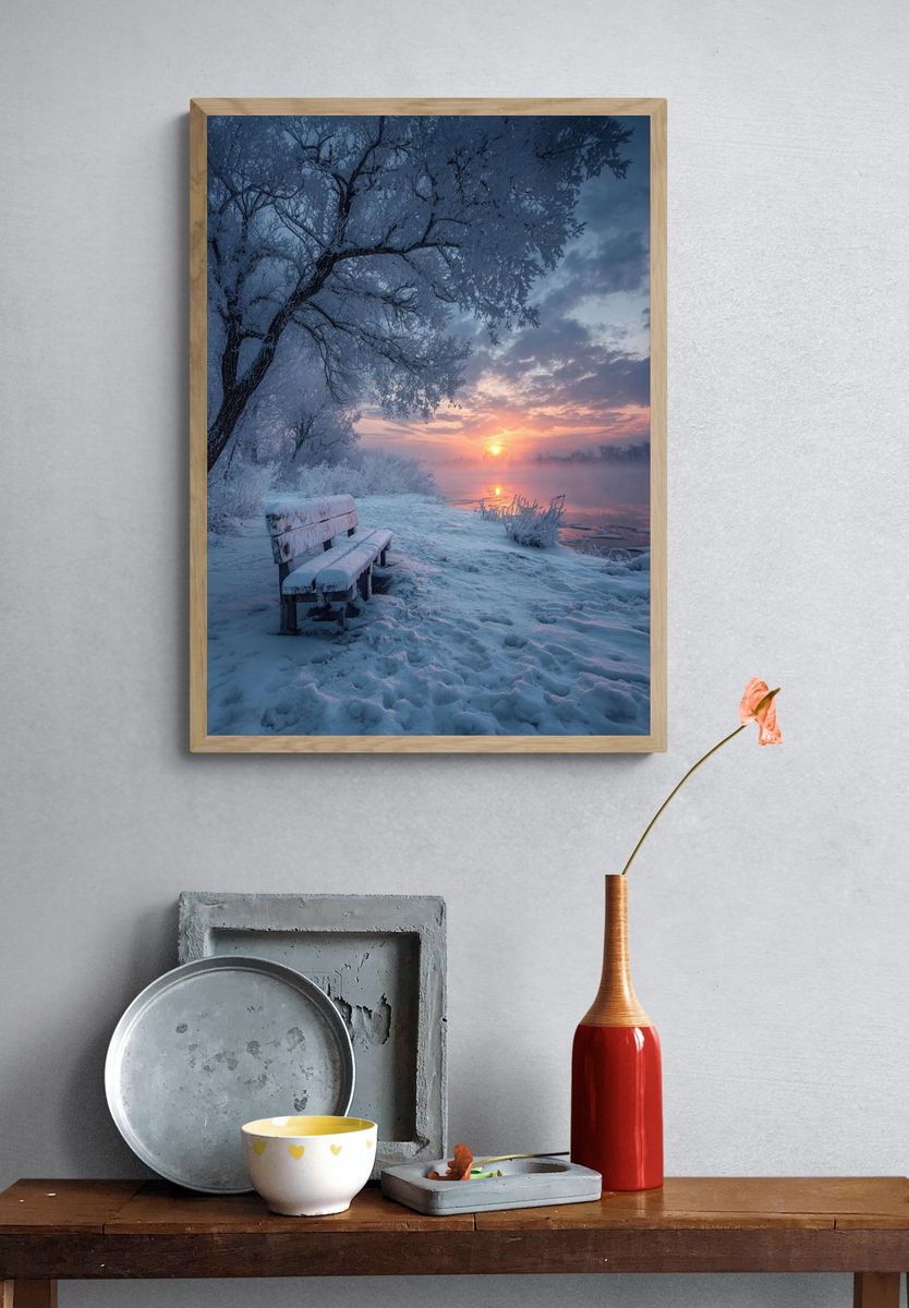 Winter Sunrise Lake Bench Poster. — room view 3