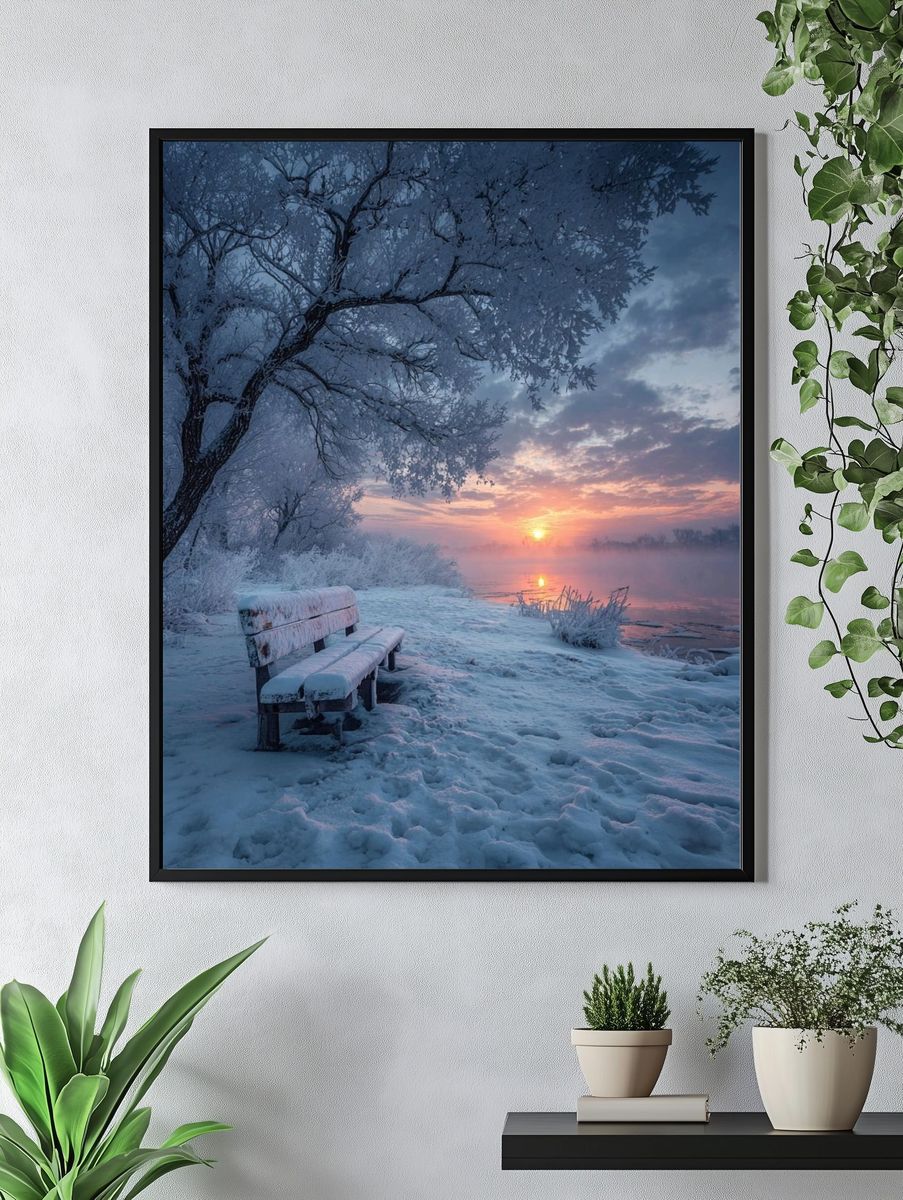 Winter Sunrise Lake Bench Poster. — room view 4