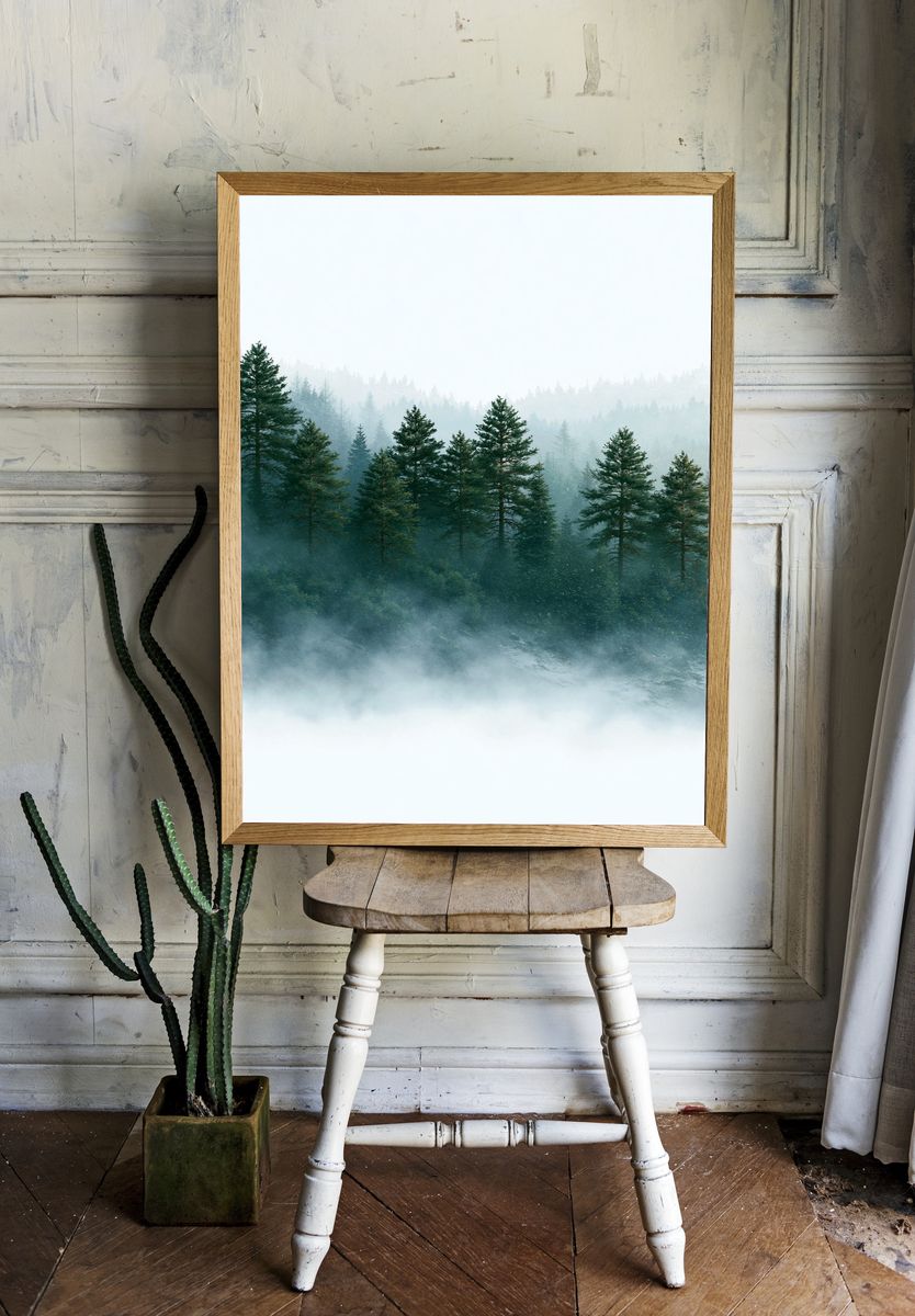 Misty Pine Forest Landscape Poster. room preview