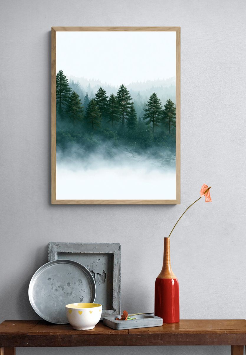 Misty Pine Forest Landscape Poster. — room view 3