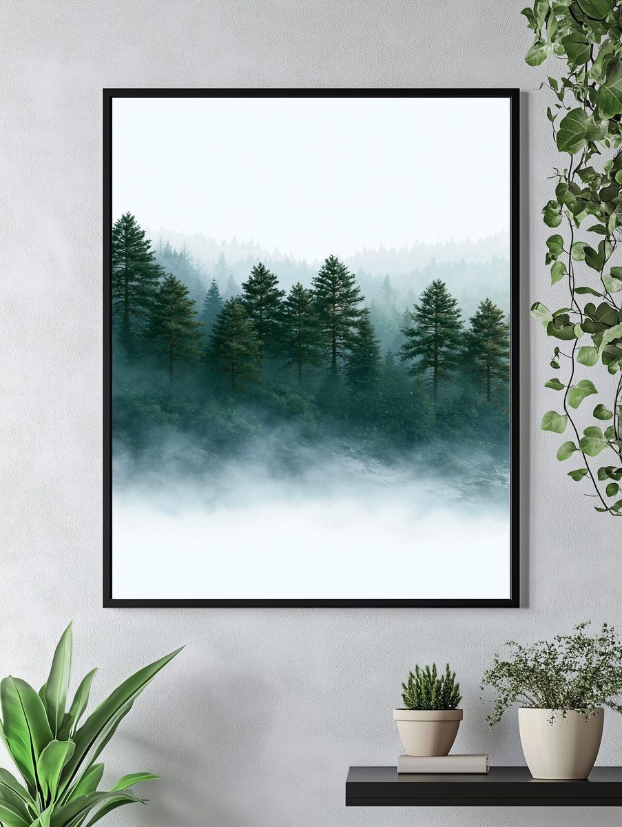 Misty Pine Forest Landscape Poster. — room view 4