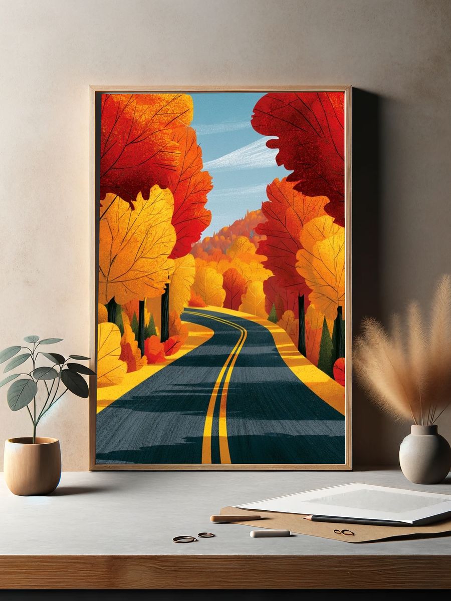 Autumn Forest Road Illustration Poster. — room view 2