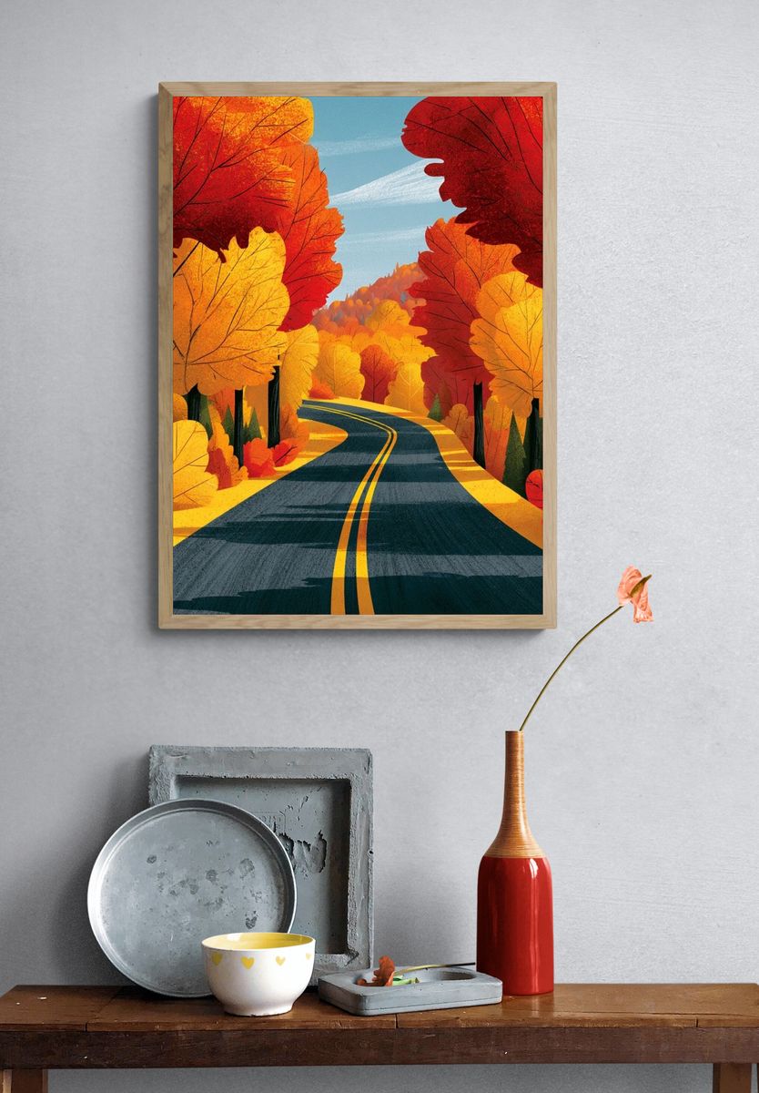 Autumn Forest Road Illustration Poster. — room view 3