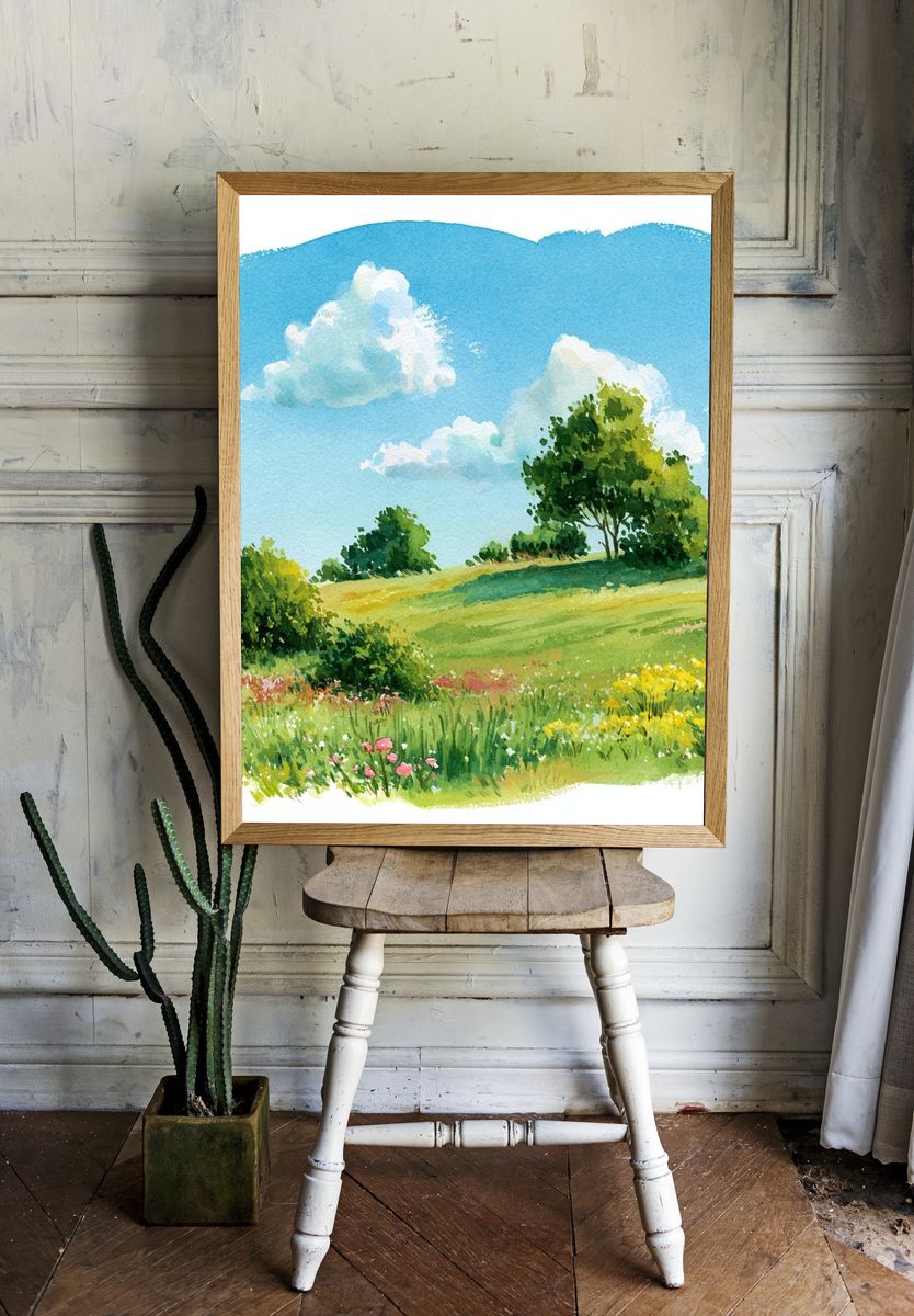 Sunny Meadow Watercolor Poster. room preview