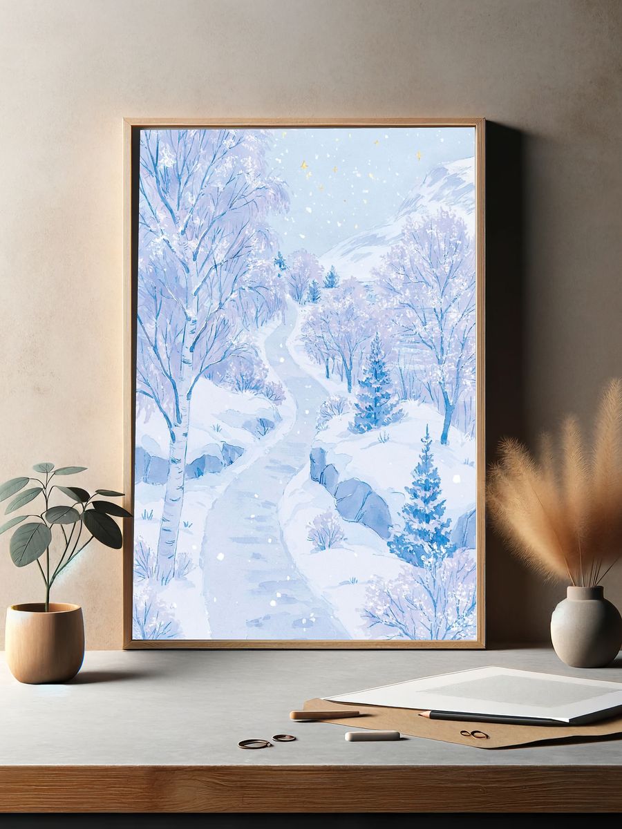 Snowy Winter Forest Illustration Poster. — room view 2