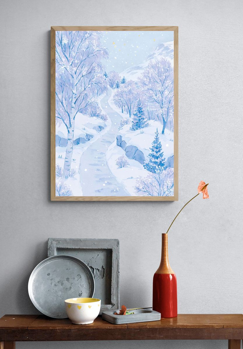 Snowy Winter Forest Illustration Poster. — room view 3