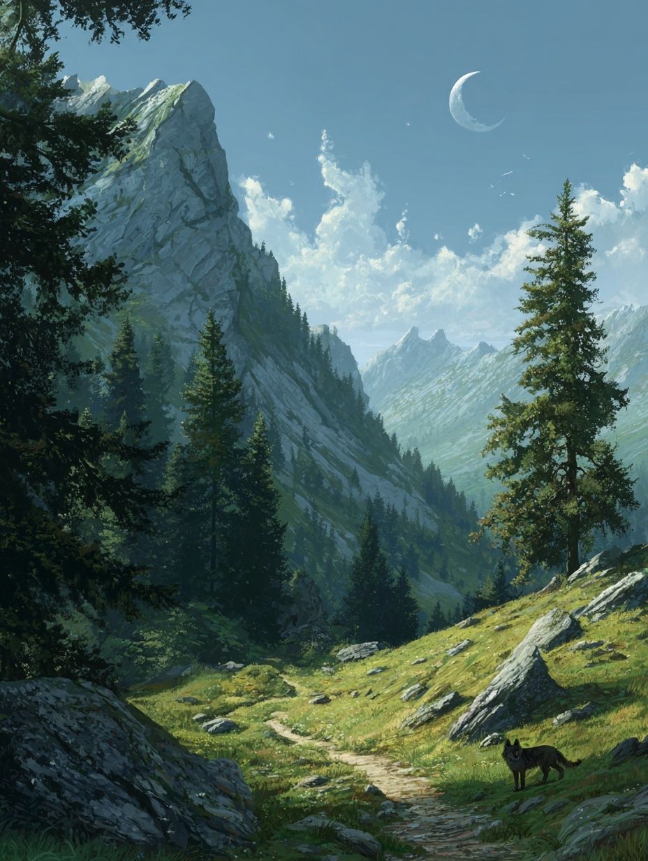 Moonlit Mountain Valley Illustration Poster. poster — nature art