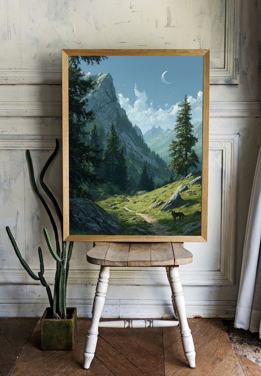 Moonlit Mountain Valley Illustration Poster. room preview