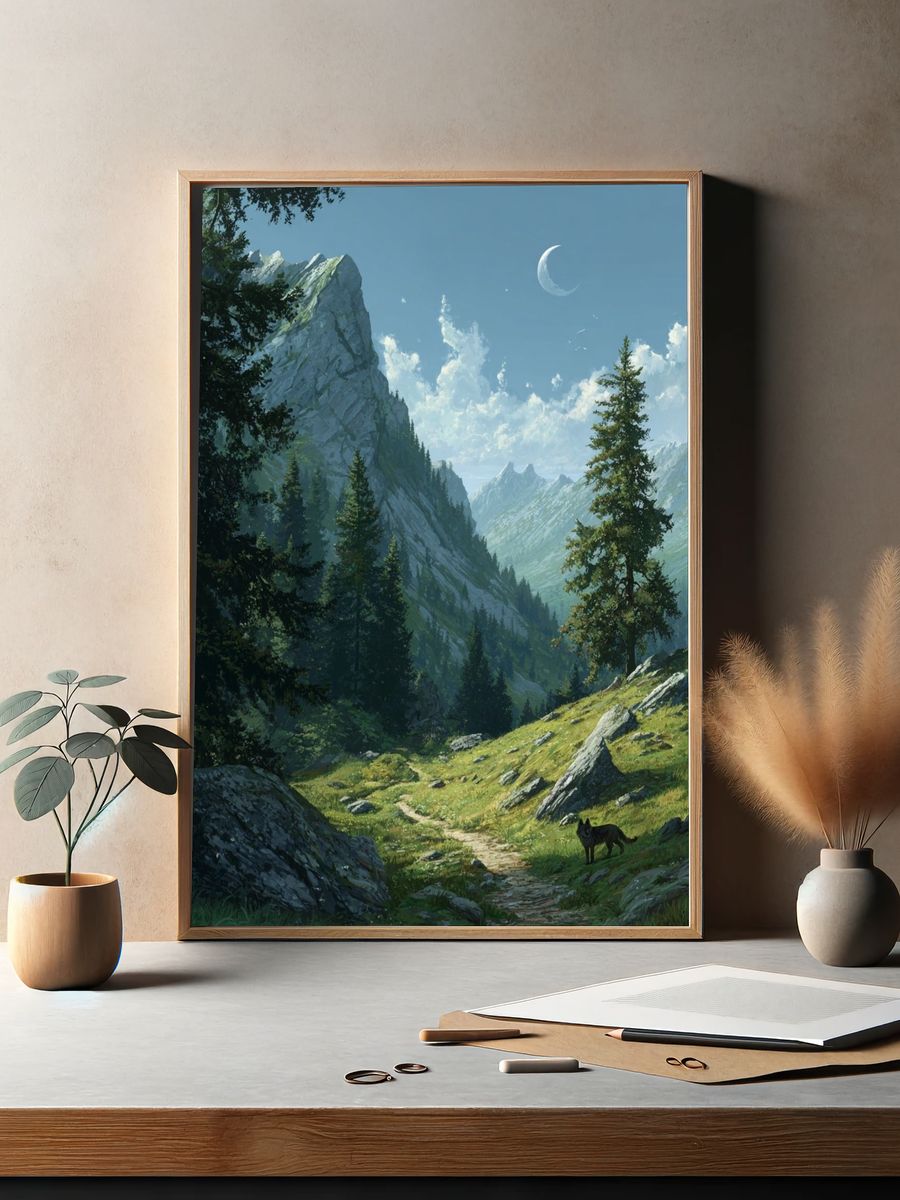 Moonlit Mountain Valley Illustration Poster. — room view 2