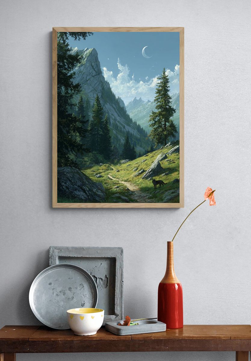 Moonlit Mountain Valley Illustration Poster. — room view 3