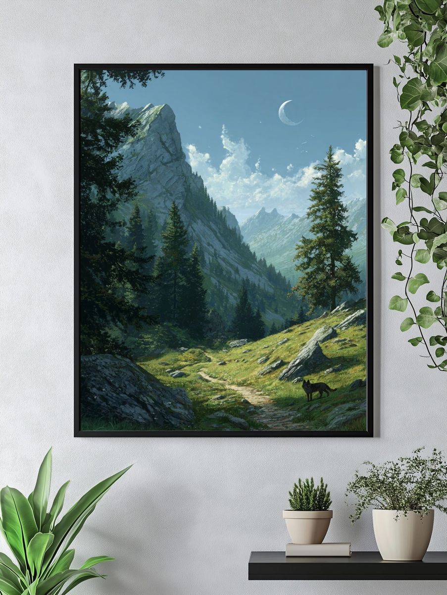 Moonlit Mountain Valley Illustration Poster. — room view 4