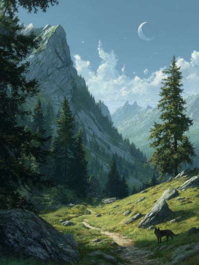 Moonlit Mountain Valley Illustration Poster.