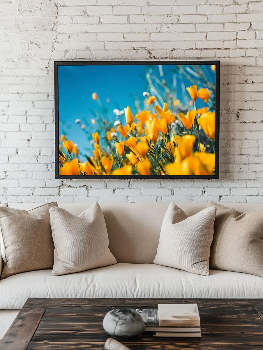 Orange petaled flowers blooming field. room preview