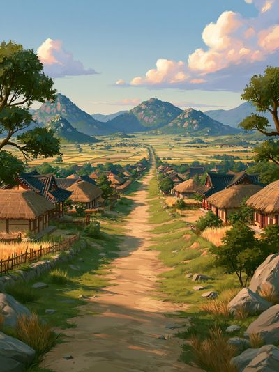 Mountain Village Landscape Print.