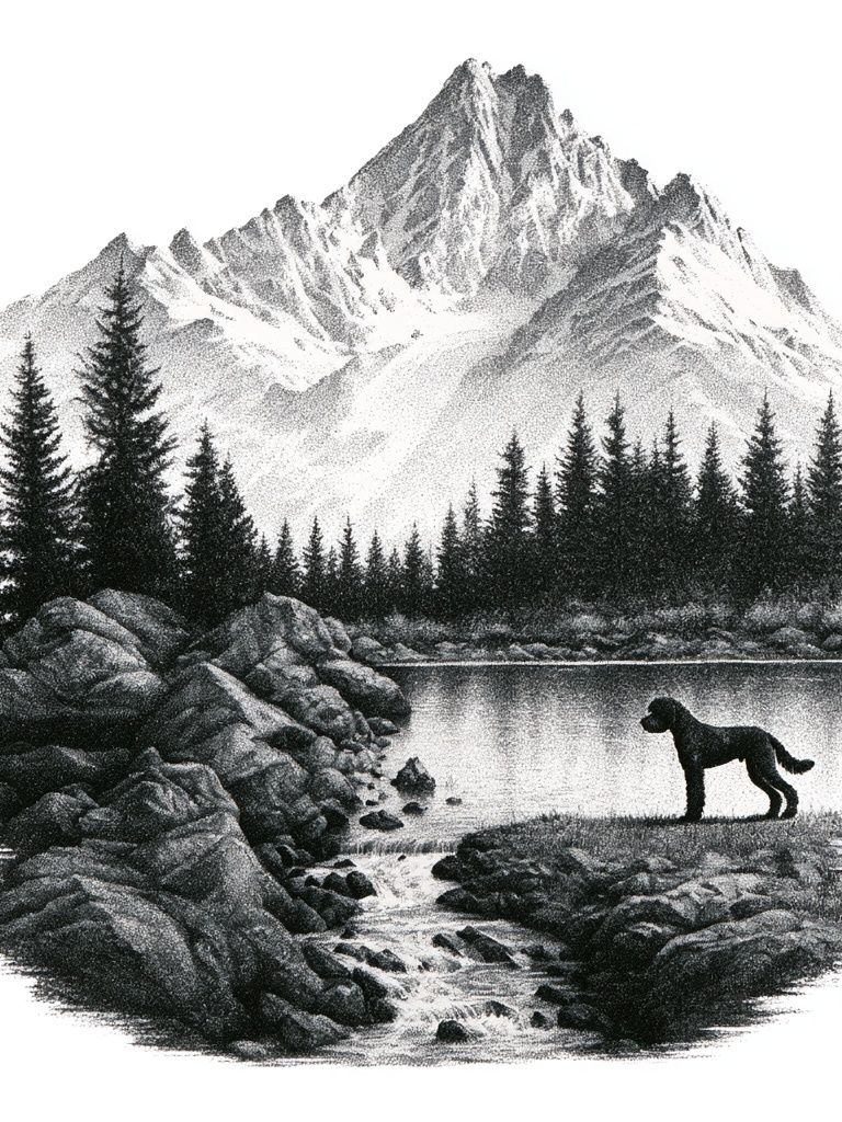 Mountain Lake with Dog Black-White Print. poster — nature art