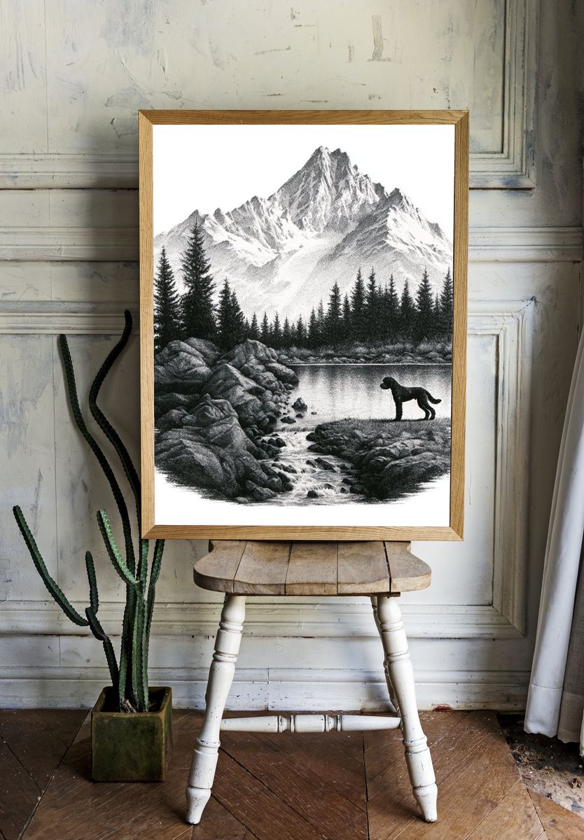 Mountain Lake with Dog Black-White Print. — room view 1