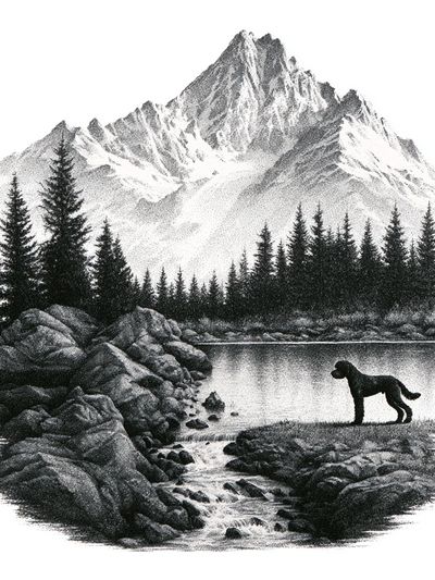 Mountain Lake with Dog Black-White Print.