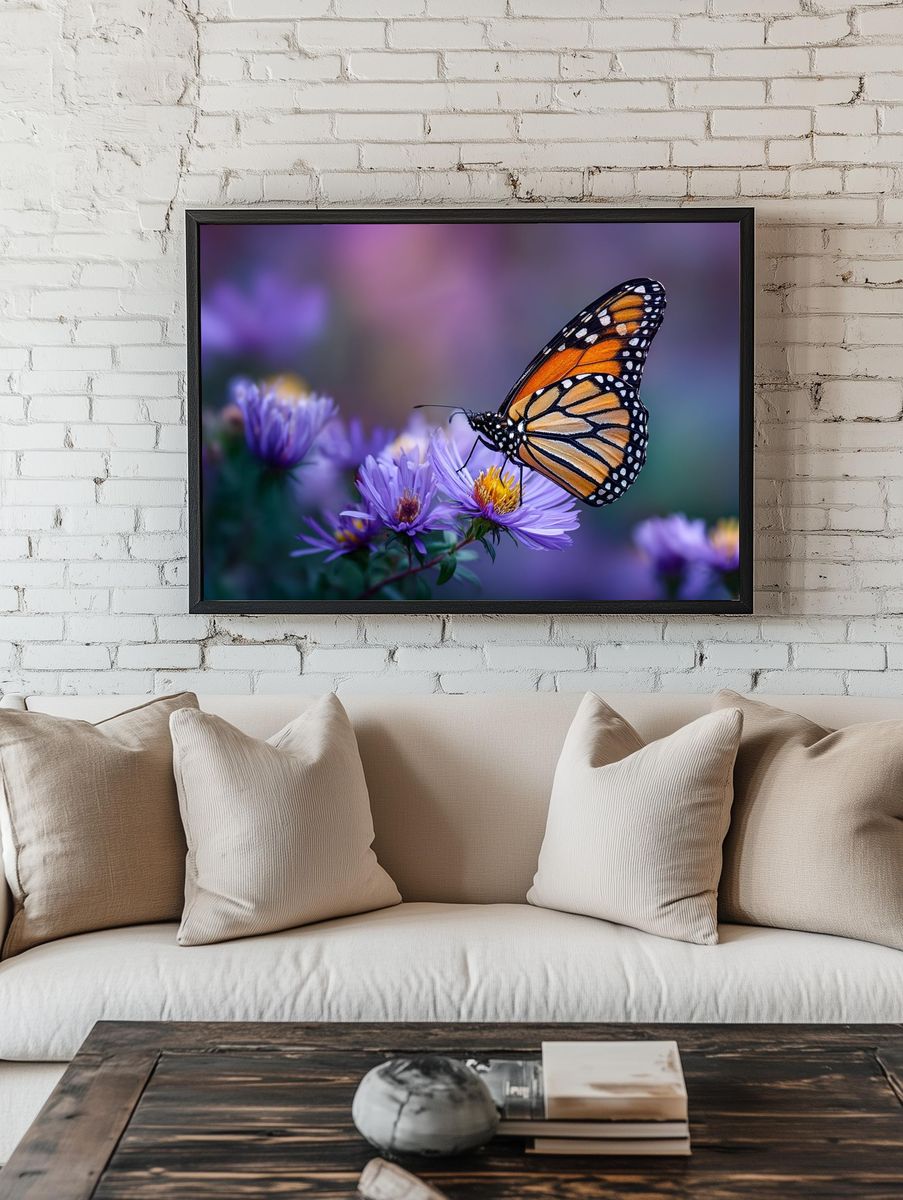 Monarch Butterfly on Purple Flowers — Nature Print. — room view 1