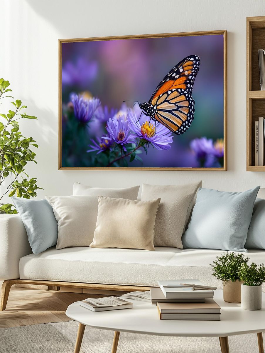 Monarch Butterfly on Purple Flowers — Nature Print. — room view 2