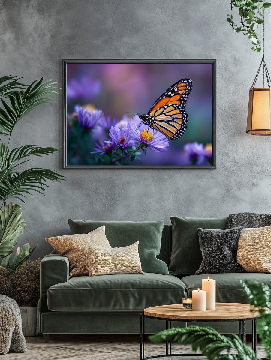 Monarch Butterfly on Purple Flowers — Nature Print. — room view 4