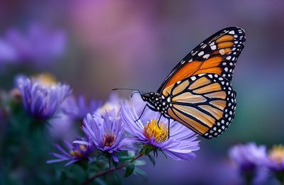 Monarch Butterfly on Purple Flowers — Nature Print. poster