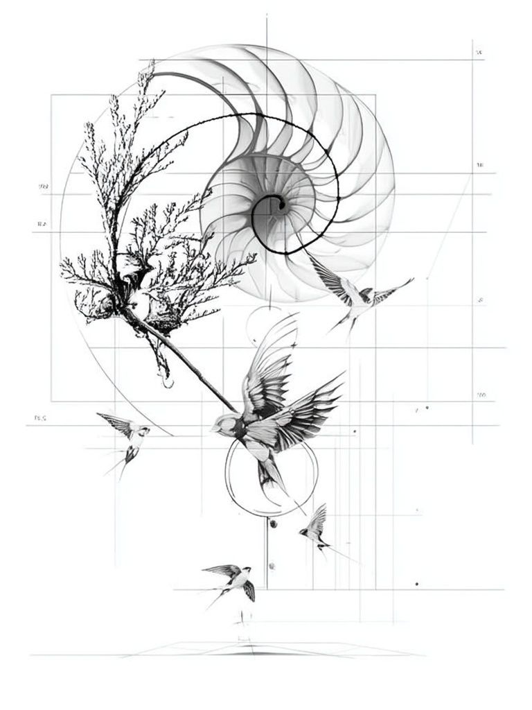 Nautilus and Birds Ink Print. poster detail