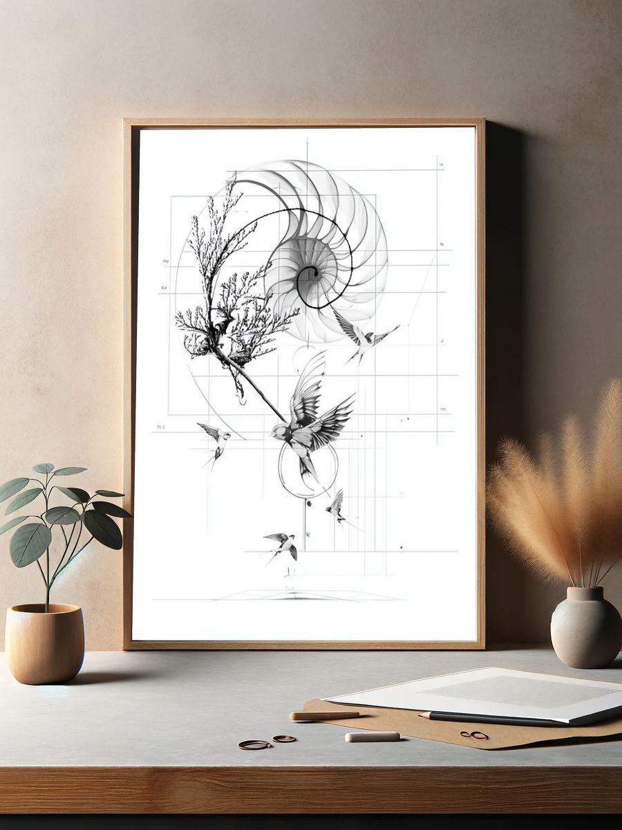 Nautilus and Birds Ink Print. — room view 2