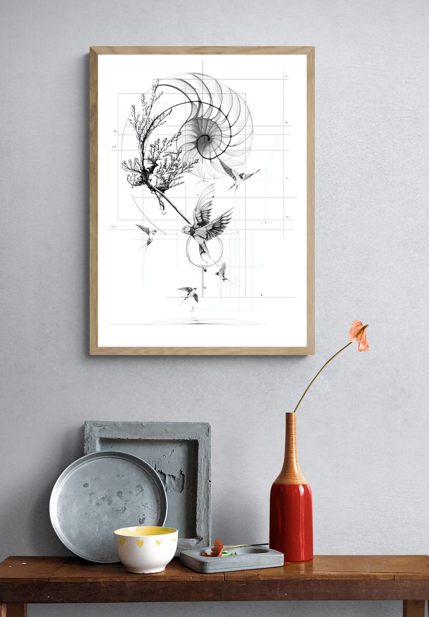 Nautilus and Birds Ink Print. — room view 3