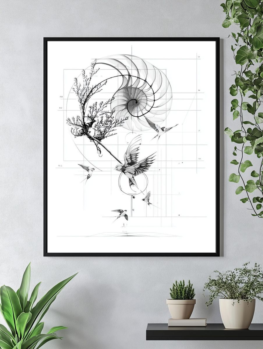 Nautilus and Birds Ink Print. — room view 4