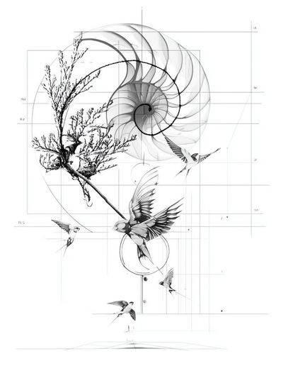 Nautilus and Birds Ink Print.