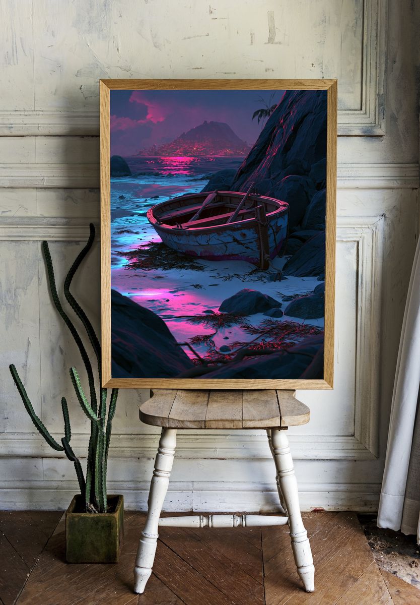 Neon Shoreline Boat Landscape Poster. — room view 1