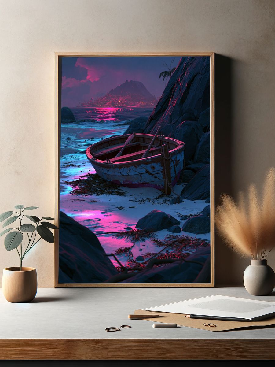 Neon Shoreline Boat Landscape Poster. — room view 2
