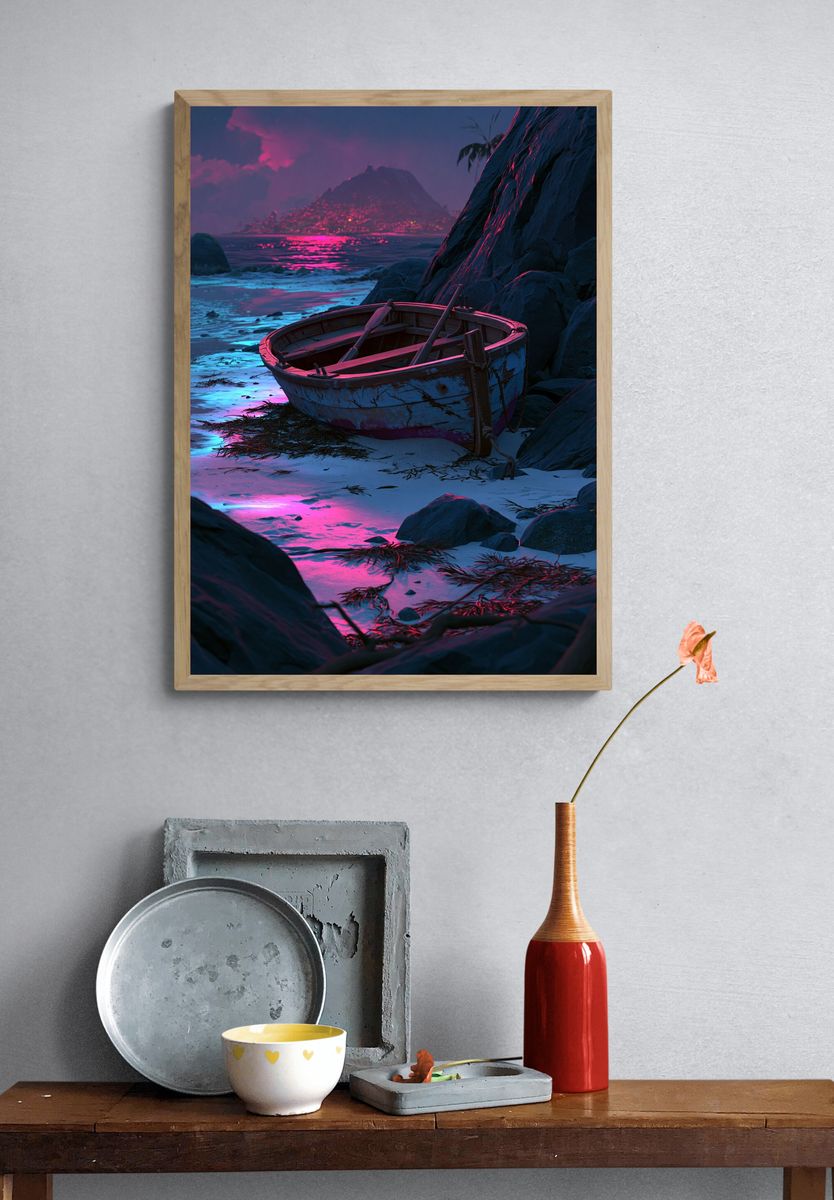 Neon Shoreline Boat Landscape Poster. — room view 3