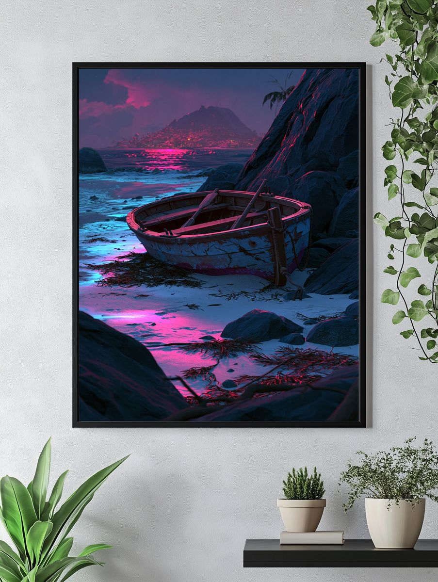 Neon Shoreline Boat Landscape Poster. — room view 4