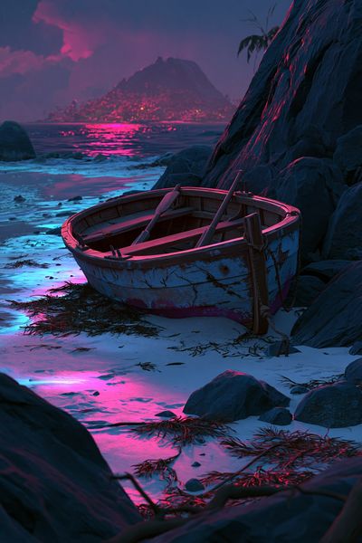 Neon Shoreline Boat Landscape Poster. poster