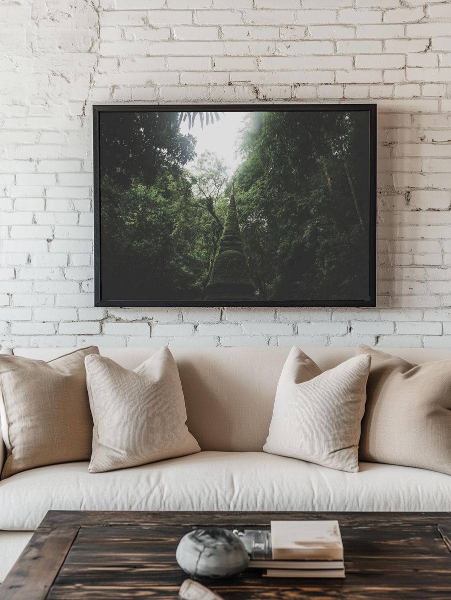Moss-Covered Stupa in Lush Forest — Nature Print. — room view 1
