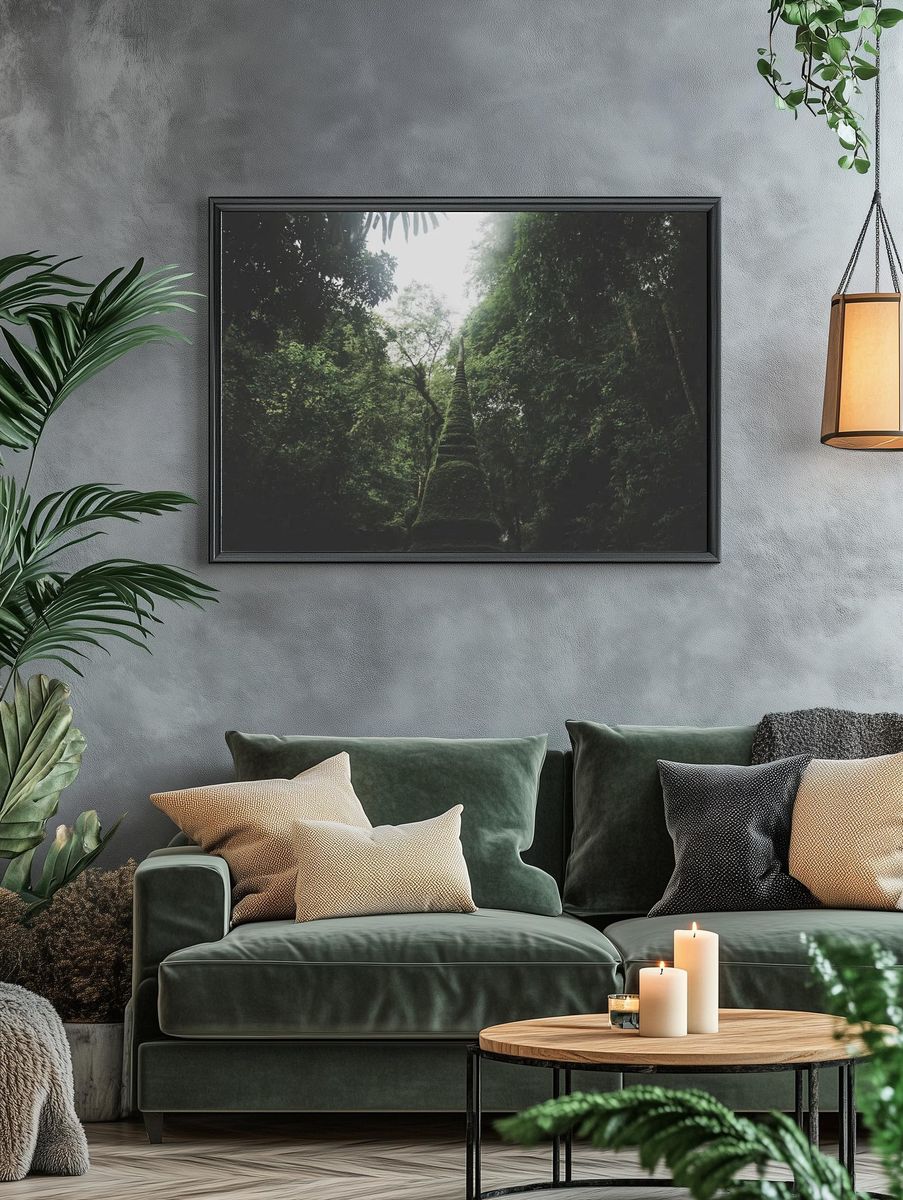 Moss-Covered Stupa in Lush Forest — Nature Print. — room view 4