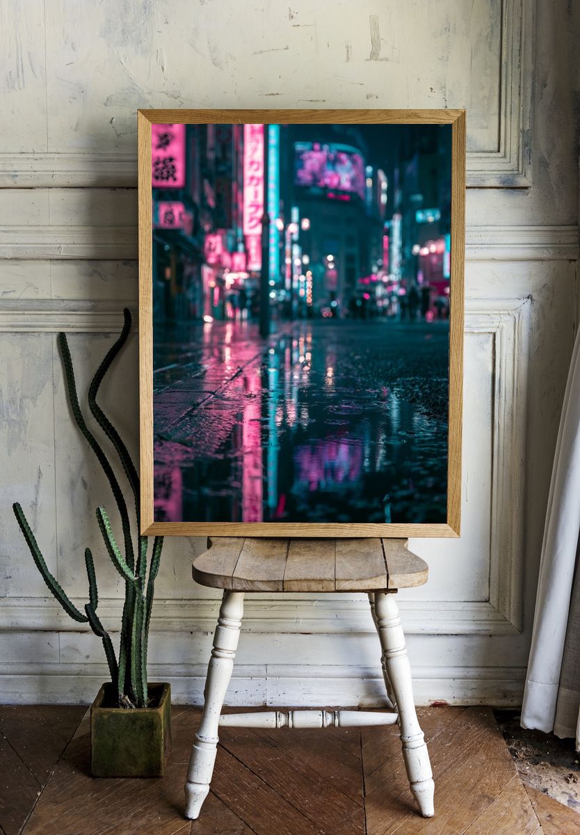 Neon Rainy City Street Photography Poster. room preview