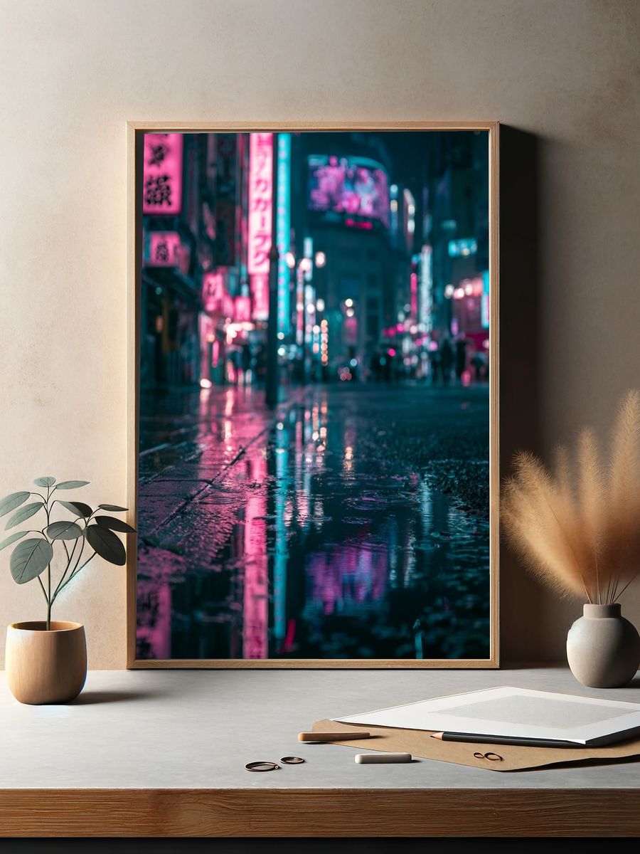 Neon Rainy City Street Photography Poster. — room view 2