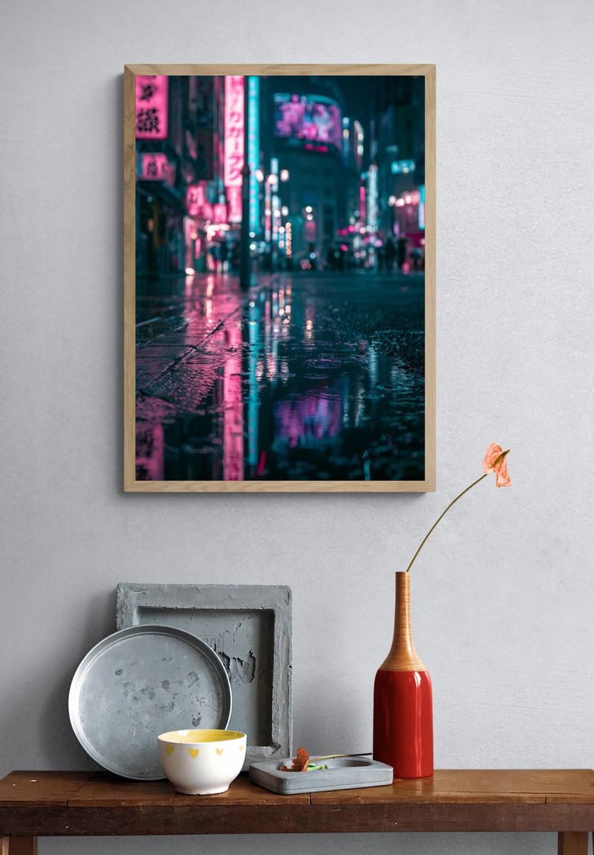 Neon Rainy City Street Photography Poster. — room view 3