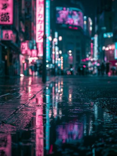 Neon Rainy City Street Photography Poster.