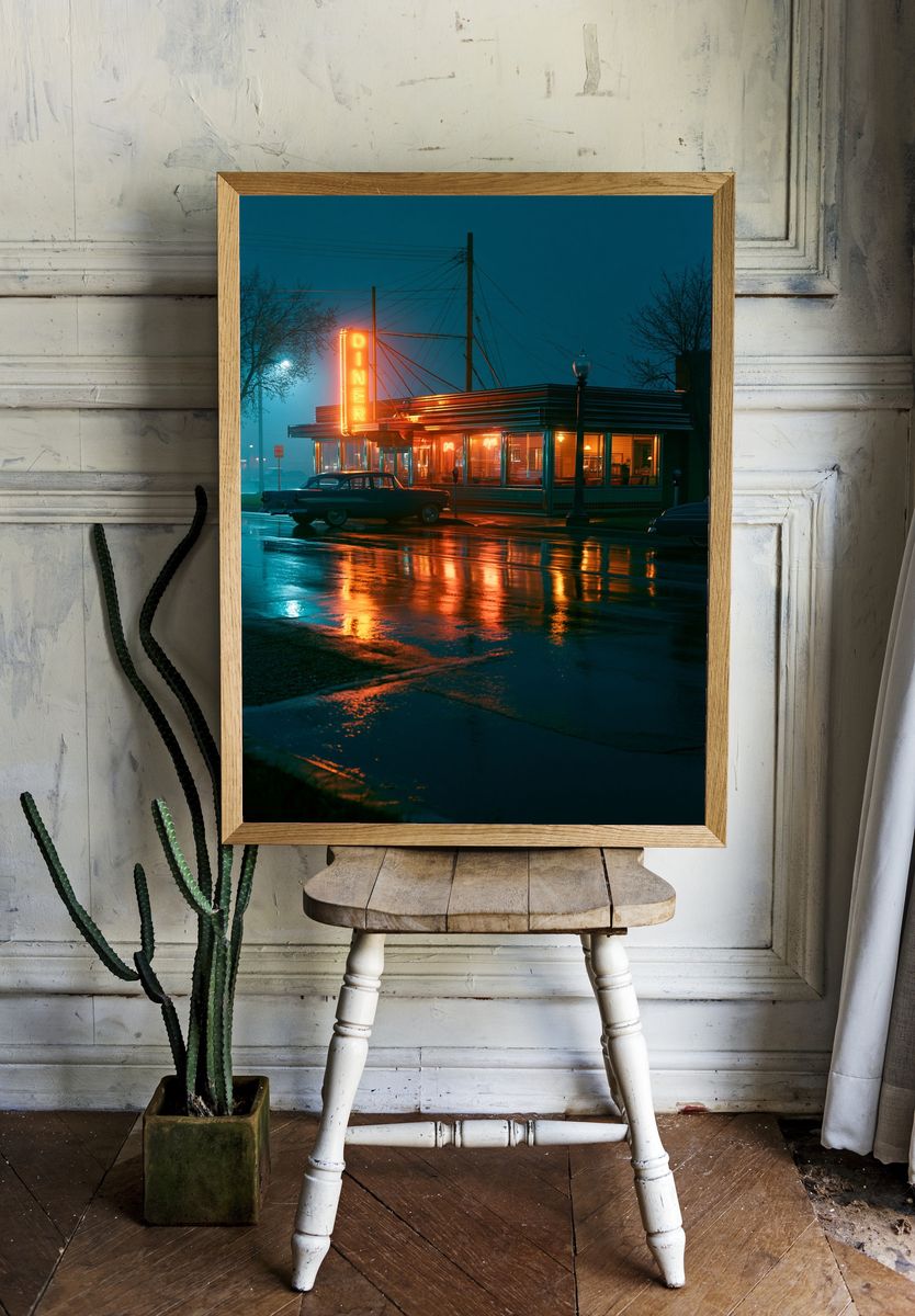 Neon Diner Night Photography Poster. — room view 1